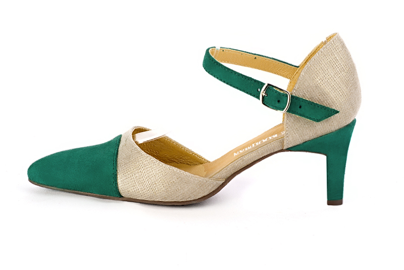 Emerald green and gold women's open side shoes, with an instep strap. Tapered toe. Medium comma heels. Profile view - Florence KOOIJMAN
